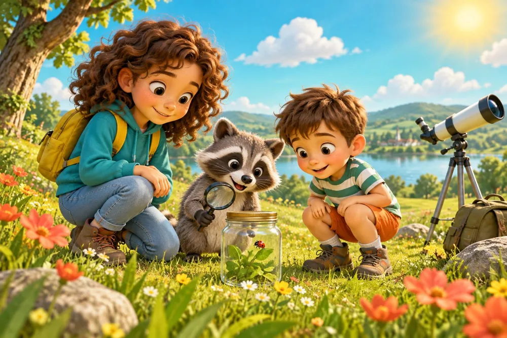Lea, Max and Kiko the raccoon exploring together