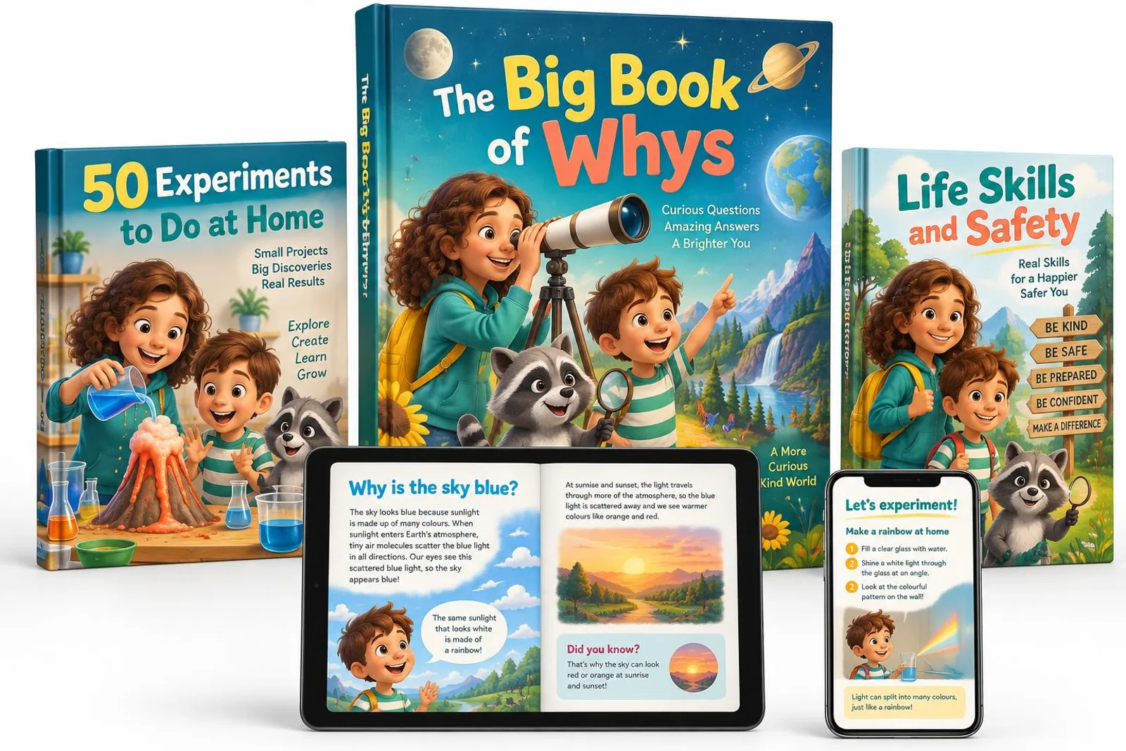 The Big Book of Whys with two gift books, shown on a tablet and phone